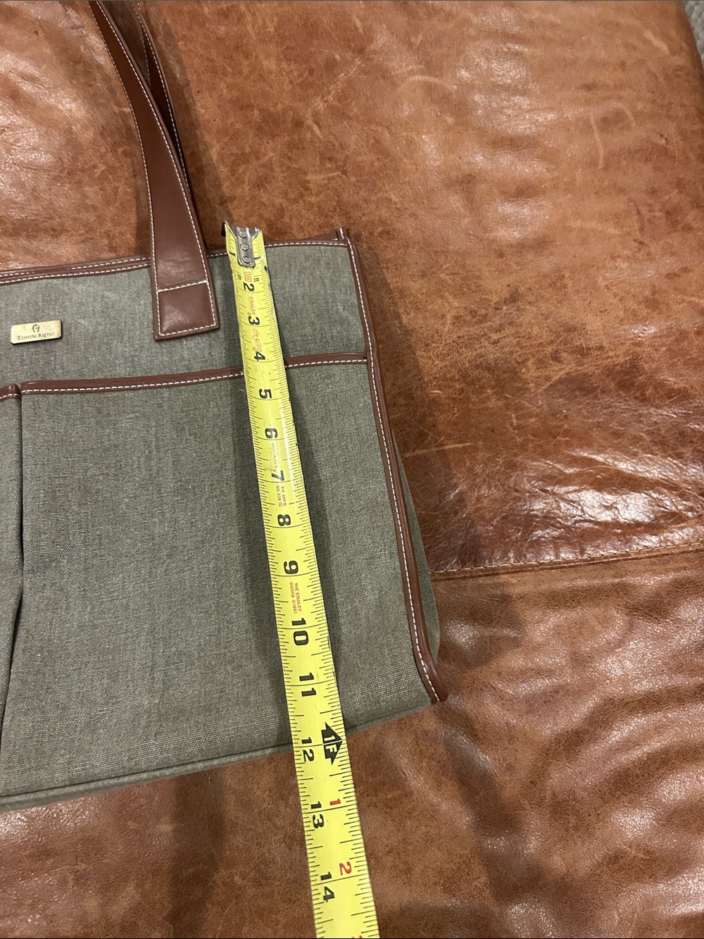 Etienne Aigner Olive Canvas Messenger Tote with Brown Leather Trim - Picture 4 of 8